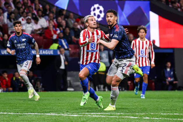 UEFA Champions League semifinals: Atletico de Madrid vs Arsenal April 29, Madrid, Madrid, Spain:Antoine Griezmann figth for the ball with Saliba during UEFA Champions League 2025 26 match beetween Atletico de Madrid and Arsenal at Riyadh Air Metropolitano on April 29, 2026, in Madrid, Spain. Madrid Spain Madrid Madrid Spain Real Madrid C.F. v Manchester City - UEFA Champions League 2025 Copyright: xAlejandroxMatiasx