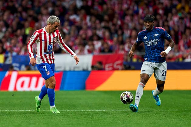 Noni Madueke of Arsenal FC and Antoine Griezmann of Atletico de Madrid during the UEFA Champions League match between Atletico de Madrid and Arsenal FC at Riyadh Air Metropolitano on April 29, 2026. - 29 04 2026 - Spain Madrid Madrid -  LGMx xLexPictorium LePictorium_0332791