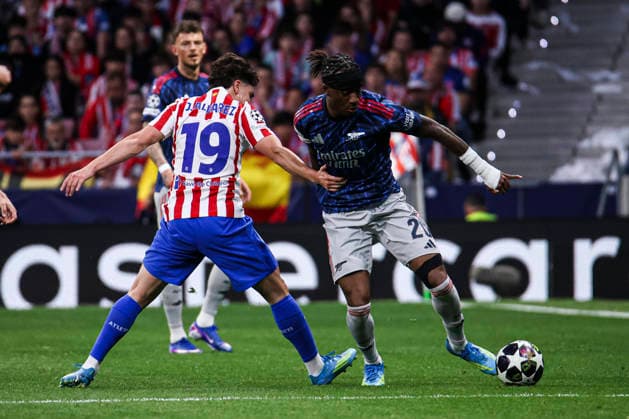 UEFA Champions League semifinals: Atletico de Madrid vs Arsenal April 29, Madrid, Madrid, Spain: Matteo Ruggeri and Julian Alvarez figth for the ball against Noni Madueke during UEFA Champions League 2025 26 match beetween Atletico de Madrid and Arsenal at Riyadh Air Metropolitano on April 29, 2026, in Madrid, Spain. Madrid Spain Madrid Madrid Spain Real Madrid C.F. v Manchester City - UEFA Champions League 2025 Copyright: xAlejandroxMatiasx