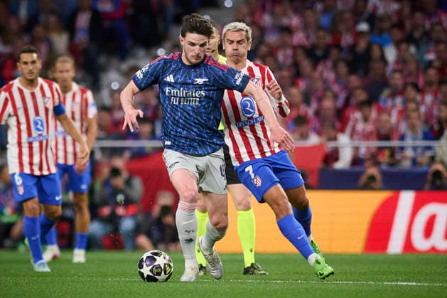 Atletico de Madrid v Arsenal FC - UEFA Champions League 2025 2026 Semi-final, 1st leg Atletico de Madrid s Antoine Griezmann (r) and Arsenal FC™s Declan Rice during Champions League 2025 2026, semi-final, 1st leg, April 29 ,2026. (ALTERPHOTOS Ropero) MadridSpain  Copyright: xRoperox