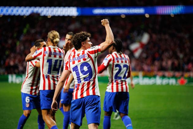 Julian Alvarez seen celebrating after scoring goal during UEFA Champions League semifinal game between teams of Atletico de Madrid and Arsenal FC (Maciej Rogowski Ball Raw Images) Madrid Riyadh Air Metropolitano Spain Copyright: xMaciejxRogowskix maciejrogowski_atletico_arsenal_2526-16