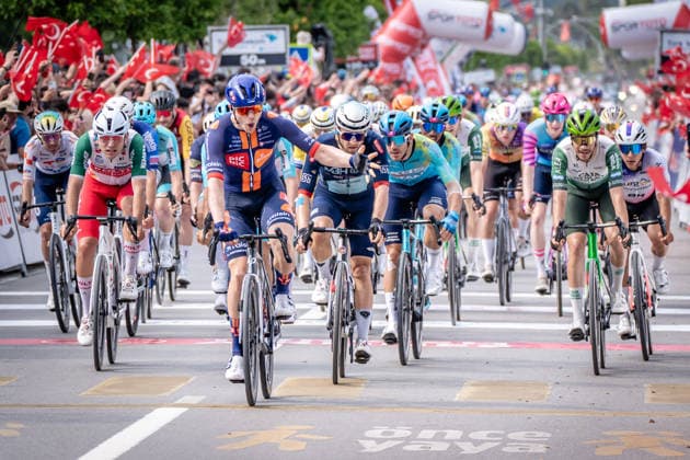 61st Presidential Cycling Tour of Turkiye ANTALYA, TURKIYE - APRIL 30: Dutch cyclist Casper van Uden of Team Picnic PostNL sprints to victory at the finish line in the Kemer district of Antalya during the Patara-Kemer stage of the 61st Presidential Cycling Tour of Turkiye (TUR 2026) on April 30, 2026. This 177.9-kilometer route marks the fifth stage of the 8-stage event, which is the only race in the country categorized as a ProSeries competition on the UCI Europe Tour calendar. Ahmet Serdar Eser Anadolu Antalya Turkey. Editorial use only. Please get in touch for any other usage.  Copyright: x2026xAnadoluxAhmetxSerdarxEserx