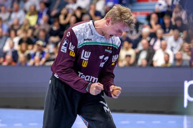 30.04.2026, Handball, 1. HBL, VfL Gummersbach - Frisch Auf! Göppingen, Saison 2025 2026 Herren, Schwalbe-Arena: Kristian Saeveras (Frisch Auf Göppingen 12) jubelnd nach einer Parade Nordrhein-Westfalen Deutschland