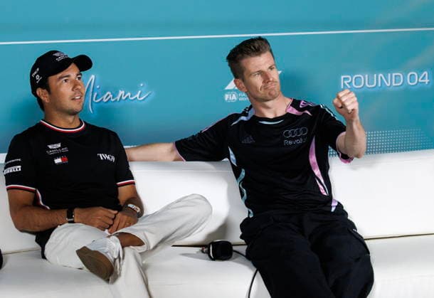 F1 2026 Miami GP arrivals and press conference, PK, Pressekonferenz Cadillac driver Sergio Perez of Mexico (L) and Audi driver Nico Hulkenberg of Germany attend a press conference for the Formula 1 Miami Grand Prix, in Miami Gardens, Florida, USA, 30 April 2026. The 2026 Formula 1 Miami Grand Prix is held on 03 May at the Miami International Autodrome. MIAMI FLORIDA United States  Copyright: xCRISTOBALxHERRERA-ULASHKEVICHx