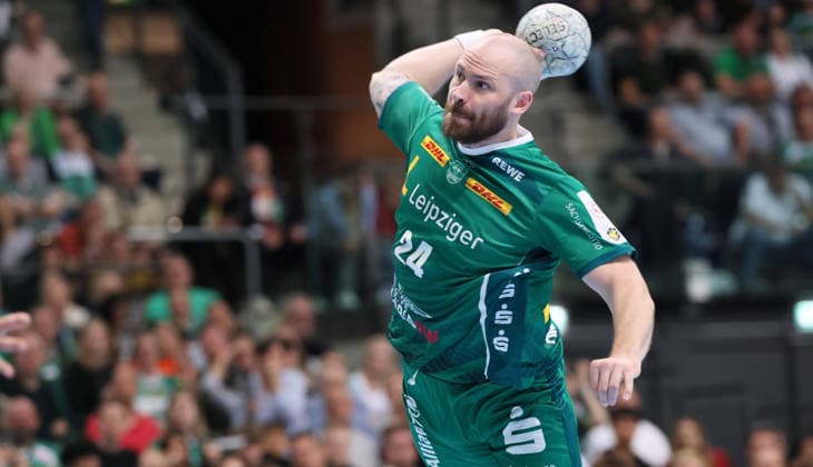 Leipzig, 30.04.2026, Arena Leipzig, Handball, Bundesliga, 30.Spieltag , SC DHfK Leipzig vs. HC Erlangen , Im Bild; Moritz Preuss (24, Leipzig) . , Nur zur redaktionellen Nutzung. Only editorial use. , DHB HBL regulations prohibit any use of photographs as image sequences and or quasi-video. ,