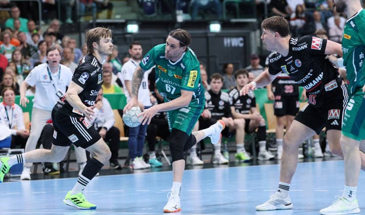 Leipzig, 30.04.2026, Arena Leipzig, Handball, Bundesliga, 30.Spieltag , SC DHfK Leipzig vs. HC Erlangen , Im Bild; Dean Bombac ( 67, DHfK). , Nur zur redaktionellen Nutzung. Only editorial use. , DHB HBL regulations prohibit any use of photographs as image sequences and or quasi-video. ,