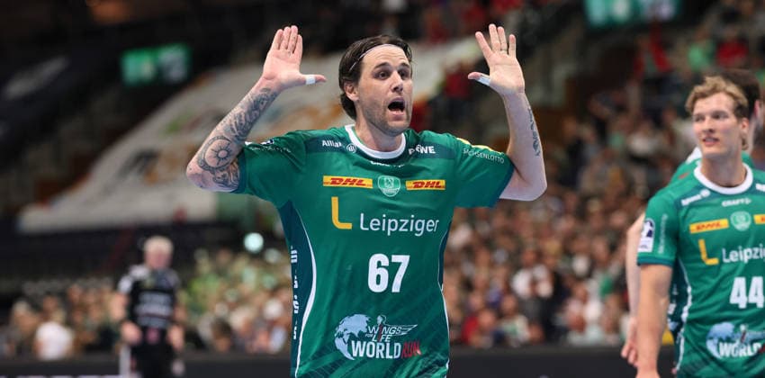 Leipzig, 30.04.2026, Arena Leipzig, Handball, Bundesliga, 30.Spieltag , SC DHfK Leipzig vs. HC Erlangen 30:29 , Im Bild; Leipzig jubelt. Dean Bombac ( 67, DHfK). , Nur zur redaktionellen Nutzung. Only editorial use. , DHB HBL regulations prohibit any use of photographs as image sequences and or quasi-video. ,
