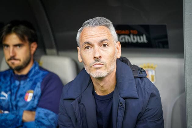 Portugal: Fussball Europa League 2025 - 2026, Halbfinale - Sporting Braga vs SC Freiburg - Estadio Municipal de Braga (POR): Carlos Vicens (Trainer, SC Braga) Mimik, Gesichtsausdruck, Emotion Copyright: xJOERANxSTEINSIEKx
