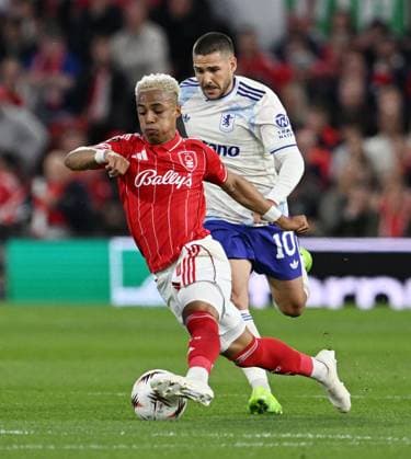 Omari Hutchinson of Nottingham Forest and Emi Buendia of Aston Villa Nottingham Forest v Aston Villa, UEFA Europa League, Semi Final, First Leg, Football, City Ground, Nottingham, UK - 30 Apr 2026Nottingham City Ground United Kingdom EDITORIAL USE ONLY No use with unauthorised audio, video, data, fixture lists, club league logos or live services. Online in-match use limited to 120 images, no video emulation. No use in betting, games or single club league player publications. Copyright: xAnnaxGowthorpe Shutterstockx 16847974ai