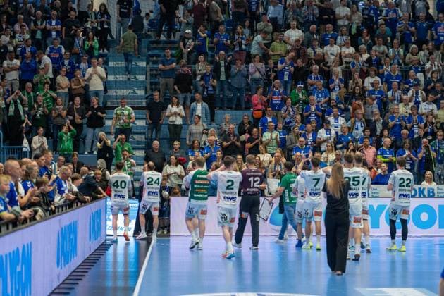 Emotionen nach dem Unentschieden in den letzten Sekunden, VfL Gummersbach vs. Frisch Auf! Goeppingen, Daikin Handball Bundesliga, Herren , 30. Spieltag, 30.04.2026 Gummersbach NRW Deutschland