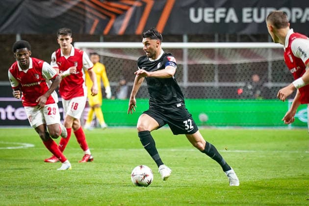 Portugal: Fussball Europa League 2025 - 2026, Halbfinale - Sporting Braga vs SC Freiburg - Estadio Municipal de Braga (POR): Vincenzo Grifo (SC Freiburg, 32) Copyright: xJOERANxSTEINSIEKx
