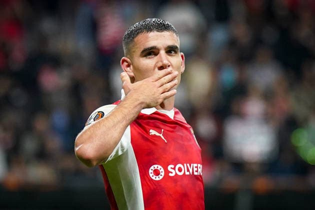 Portugal: Fussball Europa League 2025 - 2026, Halbfinale - Sporting Braga vs SC Freiburg - Estadio Municipal de Braga (POR): Victor Gomez (SC Braga, 2) Freude, Emotionen, Jubel. Geste, Gestik, Emotion, Mimik, Gesichtsausdruck Copyright: xJOERANxSTEINSIEKx
