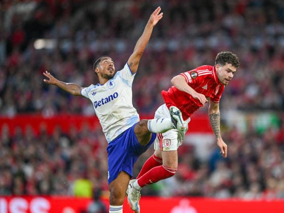 Nottingham Forest v Aston Villa UEFA Europa League Youri Tielemans of Aston Villa and Neco Williams of Nottingham Forest during the UEFA Europa League Semi-final First Leg match at the City Ground, Nottingham 30 04 2026 UK Newspapers OUT Copyright: xKarlxVallantinex FIL-23370-0090