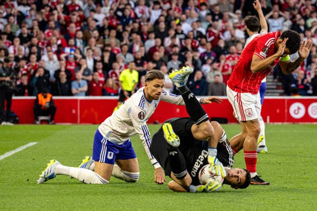 RECORD DATE NOT STATED 30th April 2026; The City Ground, Nottingham, England; UEFA Europa League Football, Nottingham Forest versus Aston Villa; Emiliano Martinez of Aston Villa falls after taking a catch GodfreyxPitt