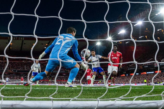 RECORD DATE NOT STATED 30th April 2026; The City Ground, Nottingham, England; UEFA Europa League Football, Nottingham Forest versus Aston Villa; Stefan Ortega of Nottingham Forest saves a shot from Ollie Watkins of Aston Villa GodfreyxPitt