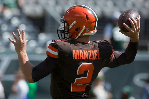 April 26, 2016 - Former Cleveland Browns quarterback Johnny Manziel indicted for domestic violence by a Dallas grand jury. Pictured: September 13, 2015, Cleveland Browns quarterback Johnny Manziel (2) throws the ball prior to the NFL, American Football Herren, USA game between the Cleveland Browns and the New York Jets at MetLife Stadium in East Rutherford, New Jersey. Christopher Szagola CSM Copyright: xChristopherxSzagolax
