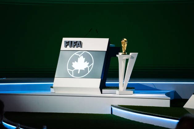 VANCOUVER, CANADA - APRIL 30: The official FIFA logo and FIFA World Cup, WM, Weltmeisterschaft, Fussball trophy are shown during the 76th FIFA Congress meeting at the Vancouver Convention Centre on April 30, 2026 in Vancouver, British Columbia, Canada.  Copyright: xAmyxElle SPPx Sportspressphoto_SPR138912