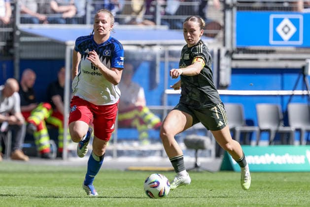 v.li.: Christin Meyer (Hamburger SV, HSV, 16) und Lisa Heiseler (1. FC Union Berlin, 7) im Zweikampf, Duell, Dynamik, Aktion, Action, Spielszene, DIE DFB-RICHTLINIEN UNTERSAGEN JEGLICHE NUTZUNG VON FOTOS ALS SEQUENZBILDER UND ODER VIDEOÄHNLICHE FOTOSTRECKEN. DFB REGULATIONS PROHIBIT ANY USE OF PHOTOGRAPHS AS IMAGE SEQUENCES AND OR QUASI-VIDEO., 01.05.2026, Hamburg (Deutschland), Fussball, Google Pixel Frauen-Bundesliga, Hamburger SV - 1. FC Union Berlin