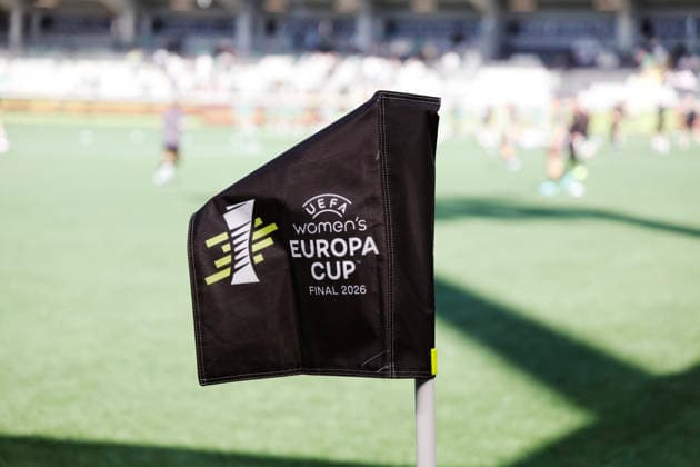 A corner flag with logo during Friday™s decisive final in the UEFA Women™s Europa Cup between BK Häcken and Hammarby at Hisingen Arena in Gothenburg, Sweden, on May 1, 2026. GÖTEBORG SWEDEN x9200x