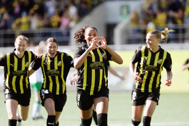 GÖTEBORG, SVERIGE 20260501 Häckens Felicia Schröder jublar efter 1-0 under fredagens avgörande final i Europa Cup mellan BK Häcken och Hammarby pa Nordic Wellness arena. GÖTEBORG SVERIGE x9200x