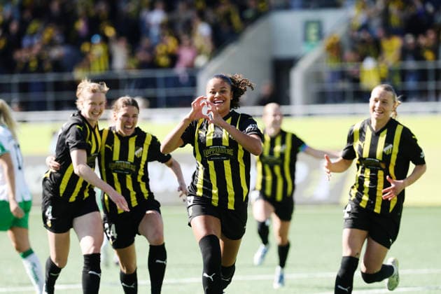 GOTHENBURG, SWEDEN 20260501 Häcken s Felicia Schröder celebrates after 1-0 during Friday s decisive final in the European Cup between BK Häcken and Hammarby at Nordic Wellness arena. GÖTEBORG SWEDEN x9200x