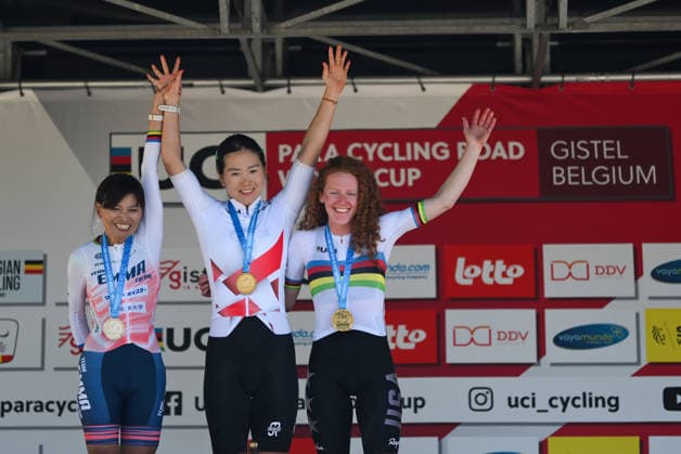UCI Para Cycling Road World Cup: Round 2 Picture by Mathew Wells SWpix.com - 01 05 2026 - Cycling - UCI Para Cycling Road World Cup: Round 2 - Gistel, West Flanders, Belgium - Women C3 Road Race Podium - Gold: Xiaomei Wang (China), Silver: Keiko Sugiura (Japan), Bronze: Clara Brown (USA) Copyright: x xSWpix.comx(t axPhotographyxHubxLtd)xMathewxWells SWpix.comx SWP-3030-13692