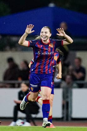 Switzerland: AXA Womens Super League 2025 26, FC Basel 1893 vs FC St.Gallen 1879 - Leichtathletik Stadion Basel, Basel: Una Rankic (FC Basel) celebrates after scoring her teams second goal Copyright: xDanielaxPorcellix