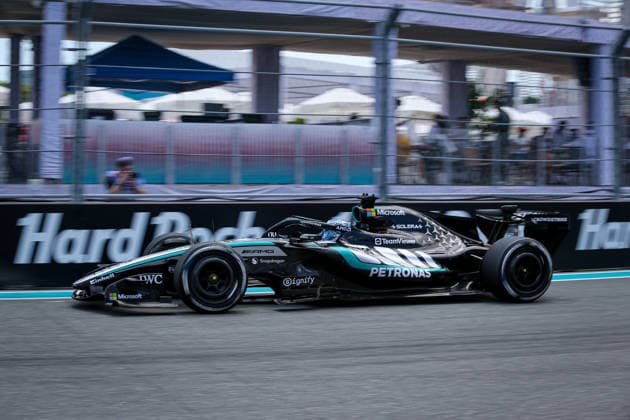(63) George Russell (GBR) - Mercedes-AMG PETRONAS F1 Team - Mercedes W17 - Mercedes E Performance during the Formula 1 Crypto.com Miami Grand Prix 2026 at Miami International Autodrome in Miami Gardens, United States. Round 6 of the 2026 FIA Formula One World Championship, WM, Weltmeisterschaft held May 1-3, 2026. The Miami International Autodrome, located in the grounds of the Hard Rock Stadium, hosts the sixth round featuring the Sprint format. This event weekend features the F1 Sprint format, with a Sprint Shootout and Sprint Race in addition to the standard qualifying session and Grand Prix. Formula 1 Crypto.com Miami Grand Prix 2026 - Round 6 - Miami International Autodrome F1-2026-R06-MIA