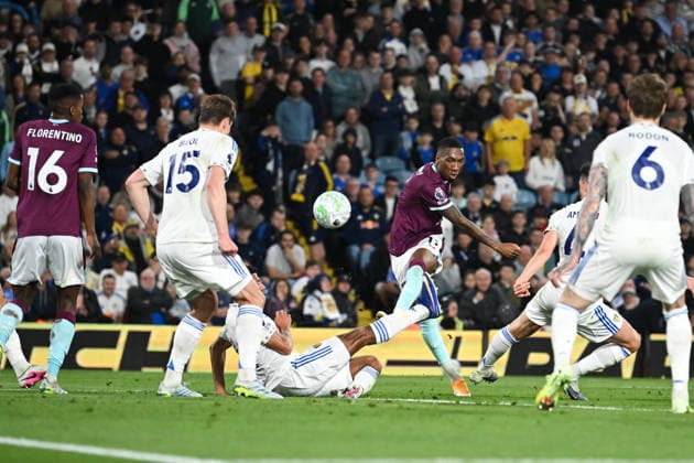 Leeds, England, 1st May 2026. Jaidon Anthony of Burnley strikes the ball but fails to score during the Leeds United vs Burnley Premier League match at Elland Road, Leeds. Picture credit should read: Harriet Massey Sportimage EDITORIAL USE ONLY. No use with unauthorised audio, video, data, fixture lists, club league logos or live services. Online in-match use limited to 120 images, no video emulation. No use in betting, games or single club league player publications. SPI_084_LEEDS_v_BURNLEY SPI-4768-0084