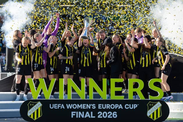 260501 Players of Häcken celebrate with the trophy after the UEFA Women s Europa Cup final between Häcken and Hammarby on May 1, 2026 in Göteborg. Photo: Michael Erichsen BILDBYRAN COP 89 DS0574 bbeng dam europa cup football fotball fotboll hammarby häcken soccer uefa womens europa cup jubel Copyright: MICHAELxERICHSEN BB260501MI197