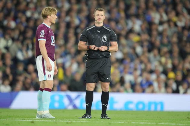 Leeds United v Burnley, Premier League Referee Thomas Brammall and Zian Flemming of Burnley during the Premier League match between Leeds United and Burnley at Elland Road, Leeds, UK on 1 May 2026. Leeds Elland Road West Yorkshire UK Editorial use only DataCo restrictions apply See www.football-dataco.com , Copyright: xAlunxRobertsx PSI-24184-0092
