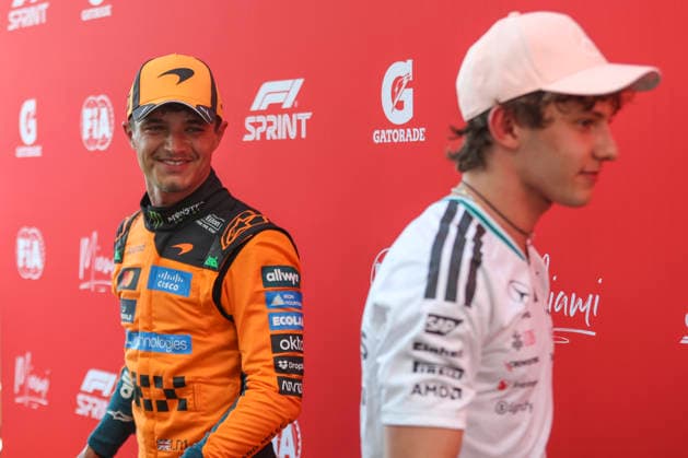 Formula 1 Crypto.com Miami Grand Prix 2026 Lando Norris (GBR), Sprint Qualifying winner, pole position McLaren Mastercard F1 Team, MCL40, Kimi Antonelli (ITA), Mercedes-AMG Petronas F1 Team, F1 W17 during Formula 1 Crypto.com Miami Grand Prix 2026. on May 1., 2026 in Miami, United States Of America Zsombor Toth Miami Miami International Autodrome Florida United States Of America