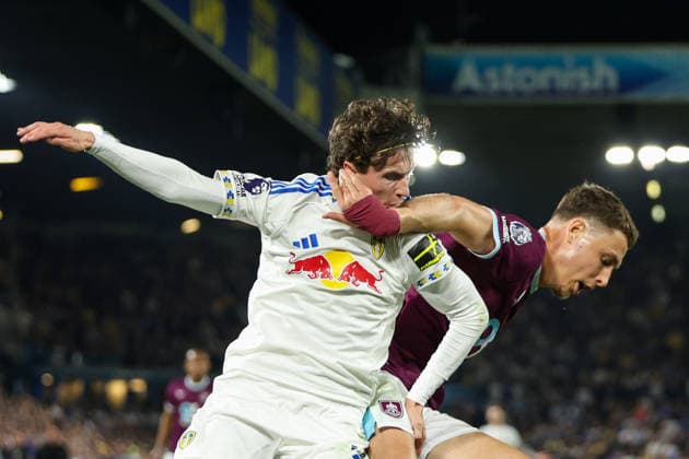 1st May 2026; Elland Road, Leeds, Yorkshire, England; Premier League Football, Leeds United versus Burnley; Brenden Aaronson of Leeds United challenging Maxime Esteve of Burnley for the ball AidanxHunter