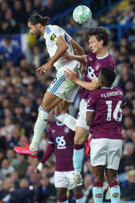 1st May 2026; Elland Road, Leeds, Yorkshire, England; Premier League Football, Leeds United versus Burnley; Dominic Calvert-Lewin of Leeds United and Hjalmar Ekdal of Burnley challenge for the ball in the air AidanxHunter