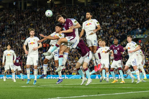 1st May 2026; Elland Road, Leeds, Yorkshire, England; Premier League Football, Leeds United versus Burnley; Maxime Esteve of Burnley challenges for the ball in Leeds United penalty area AidanxHunter