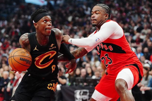 May 1, 2026, Toronto, On, Canada: Cleveland Cavaliers Dennis Schroder (8) drives around Toronto Raptors Jamal Shead (23) during first half NBA, Basketball Herren, USA playoff basketball action in Toronto on Friday, May 1, 2026. Canada News - May 1, 2026  - ZUMAc35_ 20260501_zaf_c35_146 Copyright: xFrankxGunnx