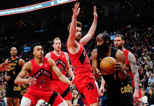 May 2, 2026, Toronto, On, Canada: Cleveland Cavaliers James Harden (1) looks to pass around Toronto Raptors Jamison Battle (77) as Scottie Barnes (4) looks on during first half NBA, Basketball Herren, USA playoff basketball action in Toronto on Friday, May 1, 2026. Canada News - May 2, 2026  - ZUMAc35_ 20260502_zaf_c35_002 Copyright: xFrankxGunnx
