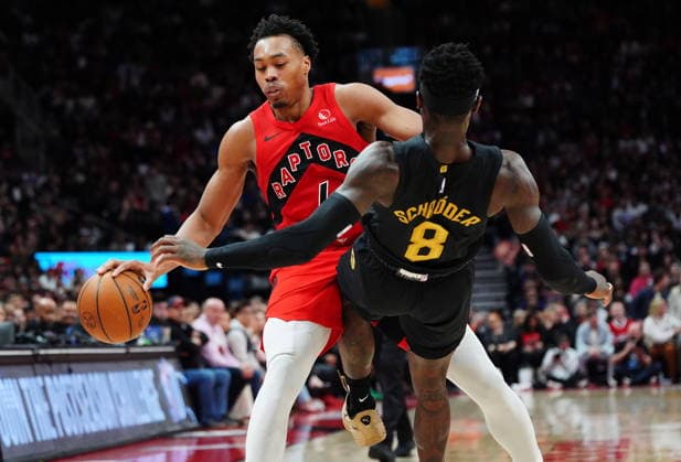 May 1, 2026, Toronto, On, Canada: Toronto Raptors Scottie Barnes (4) is fouled by Cleveland Cavaliers Dennis Schroder (8) during second half NBA, Basketball Herren, USA playoff basketball action in Toronto on Friday, May 1, 2026. Canada News - May 1, 2026  - ZUMAc35_ 20260501_zaf_c35_174 Copyright: xFrankxGunnx
