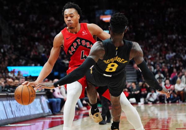 May 1, 2026, Toronto, On, Canada: Toronto Raptors Scottie Barnes (4) is fouled by Cleveland Cavaliers Dennis Schroder (8) during second half NBA, Basketball Herren, USA playoff basketball action in Toronto on Friday, May 1, 2026. Canada News - May 1, 2026  - ZUMAc35_ 20260501_zaf_c35_176 Copyright: xFrankxGunnx