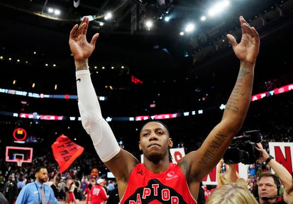 May 2, 2026, Toronto, On, Canada: Toronto Raptors RJ Barrett (9) celebrates after defeating the Cleveland Cavaliers in overtime NBA, Basketball Herren, USA playoff basketball action in Toronto on Friday, May 1, 2026. Canada News - May 2, 2026  - ZUMAc35_ 20260502_zaf_c35_003 Copyright: xFrankxGunnx