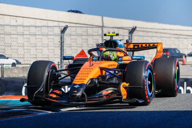 MIAMI GARDENS, FL - MAY 01: Lando Norris of Great Britain and the driver of the (1) McLaren Mastercard F1 Team race caris seen on the track at the Sprint Qualifying during the F1 Miami Grand Prix, Miami Gardens, Florida, on May 1, 2026.(Photo by Chris Arjoon Icon Sportswire) AUTO: MAY 01 F1 Miami Grand Prix EDITORIAL USE ONLY Icon260501001276