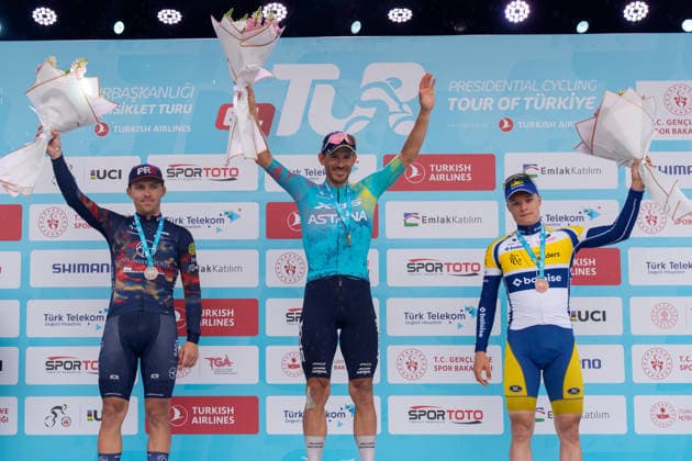 61st Presidential Cycling Tour of Turkiye ANTALYA, TURKIYE - MAY 2: Italian cyclists Davide Ballerini (C) from XDS Astana team takes the first place while Marceli Boguslawski of Poland from the ATT Investments team took second place (L), and Tom Crabbe of Belgium from Team Flanders-Baloise finished third (R) the seventh stage of the Presidential Cycling Tour of Turkiye 2026 (TUR 2026) on the Antalya-Antalya route in Antalya, Turkiye, on May 2, 2026. The race, held for the 61st time, is included in the Union Cycliste Internationale (UCI) Europe Tour calendar and is Turkiye’s only event in the ProSeries category. Ahmet Serdar Eser Anadolu Ankara Turkey. Editorial use only. Please get in touch for any other usage.  Copyright: x2026xAnadoluxAhmetxSerdarxEserx
