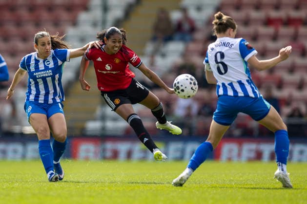 RECORD DATE NOT STATED 2nd May 2026; Leigh Sports Village, Manchester, England; Womens Super League Football, Manchester United, ManU versus Brighton and Hove Albion; Jayde Riviere of Manchester United Women kicks the ball past Maisie Symonds of Brighton TimxWilliams