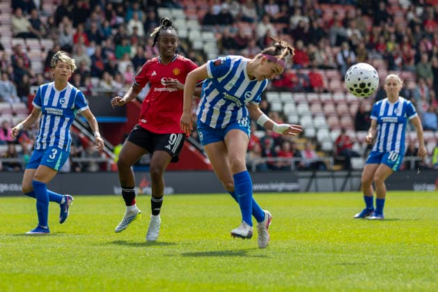 RECORD DATE NOT STATED 2nd May 2026; Leigh Sports Village, Manchester, England; Womens Super League Football, Manchester United, ManU versus Brighton and Hove Albion; Caitlin Hayes of Brighton heads the ball clear TimxWilliams