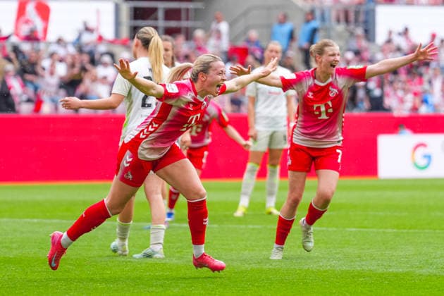 02.05.2026, xydrx, Frauen, Fußball, 1.Frauen-Bundesliga, 1.FC Köln - SV Werder Bremen, Saison 2025 2026, RheinEnergieSTADION: Torjubel nach dem Tor zum 3:0 für den FC Köln durch Torschützin Sandra Maria Jessen (FC Köln, 6) zusammen mit Anna-Lena Stolze (FC Köln, 7) DFB regulations prohibit any use of photographs as image sequences and or quasi-video. Copyright: HMBxMedia YannisxDreimann