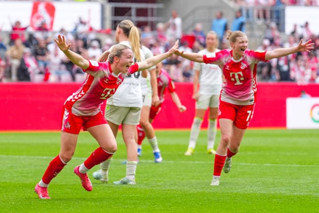 02.05.2026, xydrx, Frauen, Fußball, 1.Frauen-Bundesliga, 1.FC Köln - SV Werder Bremen, Saison 2025 2026, RheinEnergieSTADION: Torjubel nach dem Tor zum 3:0 für den FC Köln durch Torschützin Sandra Maria Jessen (FC Köln, 6) zusammen mit Anna-Lena Stolze (FC Köln, 7) DFB regulations prohibit any use of photographs as image sequences and or quasi-video. Copyright: HMBxMedia YannisxDreimann