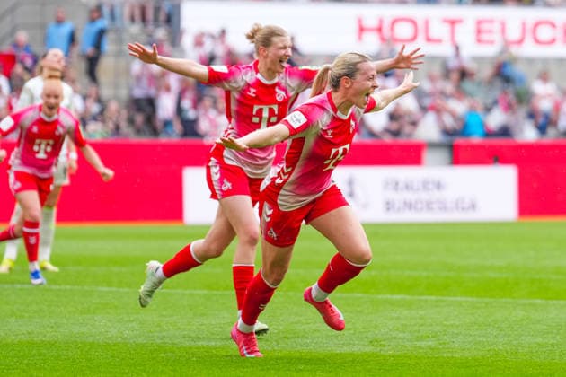 02.05.2026, xydrx, Frauen, Fußball, 1.Frauen-Bundesliga, 1.FC Köln - SV Werder Bremen, Saison 2025 2026, RheinEnergieSTADION: Torjubel nach dem Tor zum 3:0 für den FC Köln durch Torschützin Sandra Maria Jessen (FC Köln, 6) zusammen mit Anna-Lena Stolze (FC Köln, 7) DFB regulations prohibit any use of photographs as image sequences and or quasi-video. Copyright: HMBxMedia YannisxDreimann