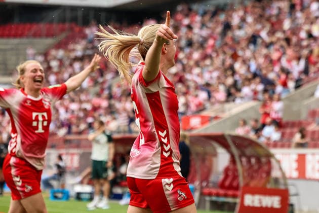 Deutschland: Google Pixel Frauen Bundesliga 2025 2026 24. Spieltag, 1. FC Köln vs. SV Werder Bremen, Samstag, 02.05.2026 Rhein-Energie-Stadion, Nordrhein-Westfalen Stadion: Sandra Jessen (1.FC Köln, 6) am jubeln