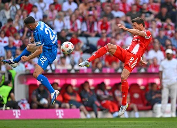 Sport Bilder des Tages 02.05.2026, Fussball Bundesliga 2025 2026, 32.Spieltag, FC Bayern München - 1.FC Heidenheim, in der Allianz-Arena München, v.l. Arijon Ibrahimovic (1. FC Heidenheim 1846) gegen Leon Goretzka (FC Bayern München) ***DFL and DFB regulations prohibit any use of photographs as image sequences and or quasi-video.*** *** 02 05 2026, Soccer Bundesliga 2025 2026, Matchday 32, FC Bayern Munich 1 FC Heidenheim, at the Allianz Arena Munich, v l Arijon Ibrahimovic 1 FC Heidenheim 1846 vs Leon Goretzka FC Bayern Munich DFL and DFB regulations prohibit any use of photographs as image sequences and or quasi video
