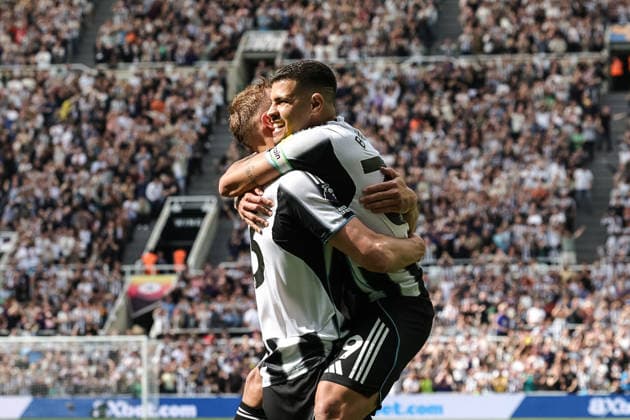 Premier League: Newcastle Untied v Brighton & Hove Albion Dan Burn of Newcastle United celebrates his goal to make it 2-0 with Bruno Guimaraes of Newcastle United during the Premier League match Newcastle Untied vs Brighton & Hove Albion at St. James s Park, Newcastle, United Kingdom on 02 May 2026 (Photo by Mark Cosgrove News Images) Newcastle St. James s Park Tyne and Wear United Kingdom Copyright: xMarkxCosgrove NewsxImagesx